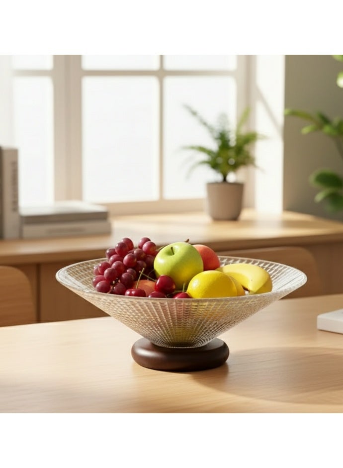 Large Glass Salad & Fruit Bowl with Walnut Wood Pedestal - 10" Elegant Crystal Centerpiece Bowl for Serving, Modern Trifle Bowl for Kitchen Counter, Party & Holiday Tablescape - Image 3